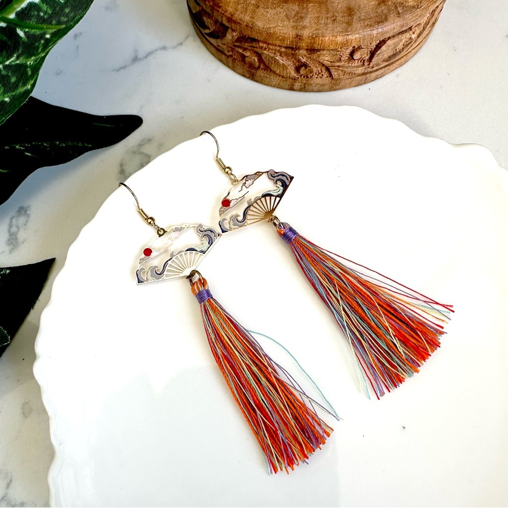 Japanese Red Sun Folding Fan Earrings Ocean The Wave Tassel Fringe Gift New